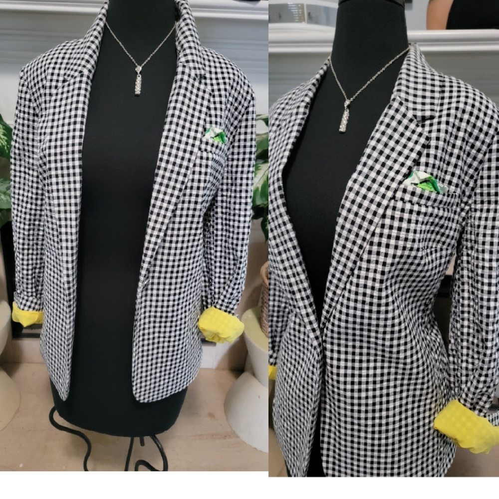 Vintage black and white blazer with floral pocket scarf